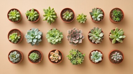 Succulents arranged on beige background, flat lay, overhead, home decor
