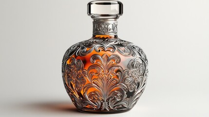 Elegant glass decanter with intricate floral patterns, showcasing amber liquid, set against a soft, neutral background