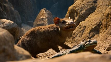 Mysterious Creatures in a Rocky Landscape at Sunset Displaying Ancient Wildlife Interaction