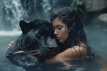  A young woman embraces a black panther in the water with a waterfall in the background, evoking a sense of unity with nature.