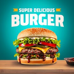 Vibrant Super Delicious Burger Promotion Poster for Food Lovers Social Media Post"