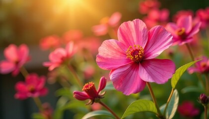A stunning bright pink flower blooms amidst a sea of golden hues, colorful, bloom, floral