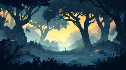 Mist covered ancient forest landscape with towering trees and eerie glow, wide-angle. Ancient Forest. Illustration