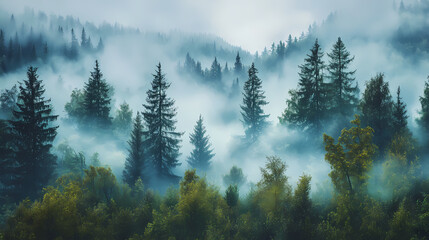 Misty forest glade with fog swirling around ancient trees, peaceful, foliage, greenery. Ancient Forest. Illustration