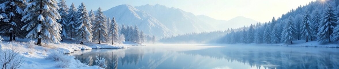 Fototapeta premium Frosty forest landscape with snow-covered trees and frozen lake in the Eifel mountains, forest, serene, lake