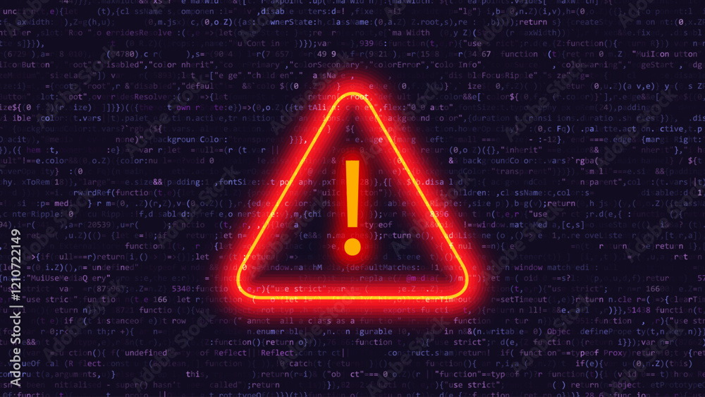 Poster Triangle Attention Danger Symbol on Dark Red Glitched Background. Computer Virus. System Hacked Error Sign. Malware, Ransomware, Data Breach, Database Leak Concept. Vector Illustration.