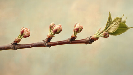 1本の枝が見せる桜の咲き始めの美しい過程