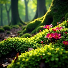 Emerald green moss carpet under ripe cranberry, wildflowers, cranberry, moss