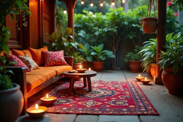 Warm and inviting ambiance with diyas, rugs, and colorful fabrics in a garden, festive decor, fabric, intimate ambiance