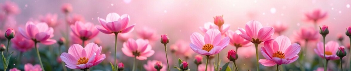 Fototapeta premium A blooming garden of pastel flowers amidst a subtle shimmering fog, fog, soft pinks