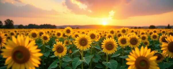 Obraz premium A sea of yellow sunflowers stretches across a golden field at sunset, natural scenery, sunflowers, daylight