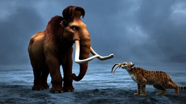 Animated Encounter Between a Mammoth and Saber-Toothed Cat in a Prehistoric Landscape at Dusk