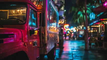 Pink food truck, city night, neon lights, street, parked