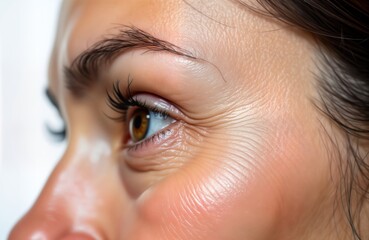Close up of woman mature face showing wrinkles, crow feet around eye. Wrinkles visible near eye, on face. Ageing process evident. Focus on skin textures, age related changes. Woman half face