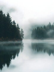 Fototapeta premium Serene Misty Lake with Pine Trees Reflecting in Tranquil Waters : Generative AI