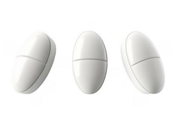 Three white pills floating in the air, cut out
