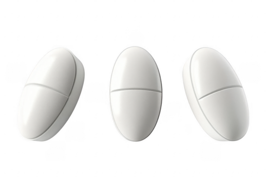 Three white pills floating in the air, cut out
