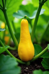 Yellow squashes bursting from the centre of a zucchini stem, garden life, garden scene, green plants