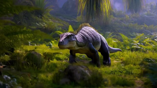 Wild Dinosaur Exploring Lush Prehistoric Landscape With Ferns and Vibrant Greenery