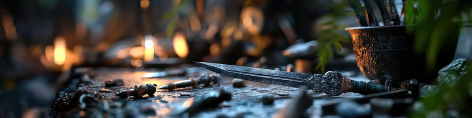 Obraz premium Ornate Dagger and Associated Metal Implements on a Dark Surface