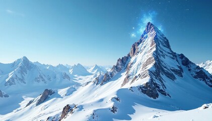 Fototapeta premium Snowflakes swirl around a frosty mountain peak, icy, snowy summit, frosty