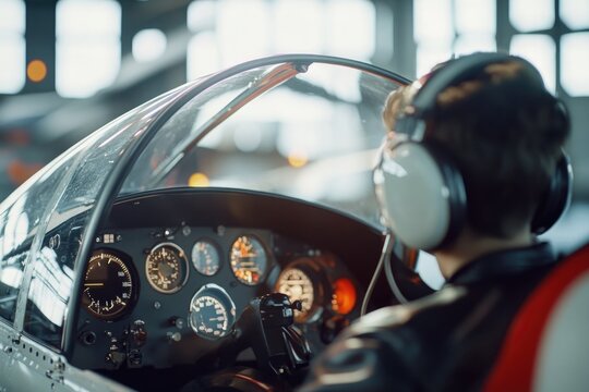 A person sitting in the pilot's seat of a compact aircraft