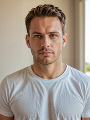 Obraz premium Retrato de un hombre blanco de pie en el interior de una habitación vistiendo una camiseta blanca 