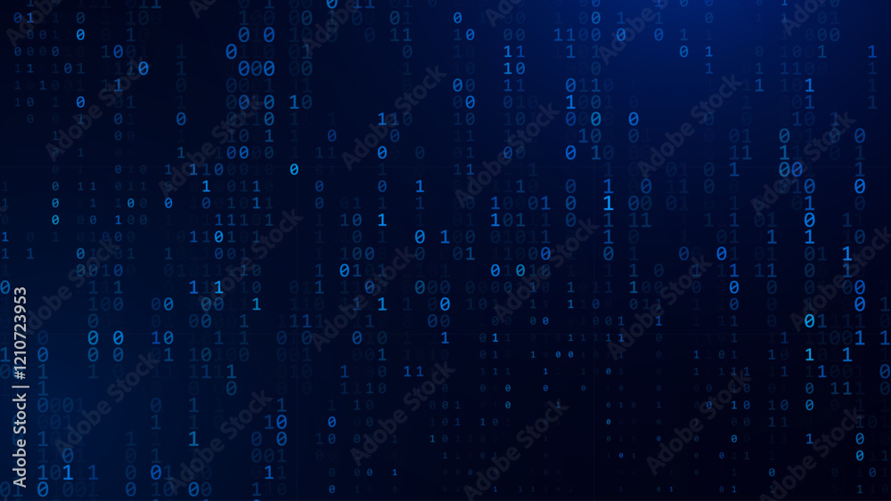 Aufkleber Abstract Blue Binary Software Programming Code Background. Random Parts of Program Code. Digital Data Technology Concept. Random Binary Data Matrix Wide Vector Illustration.