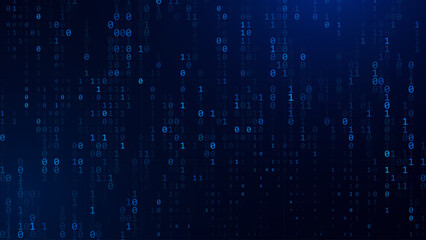 Abstract Blue Binary Software Programming Code Background. Random Parts of Program Code. Digital Data Technology Concept. Random Binary Data Matrix Wide Vector Illustration.