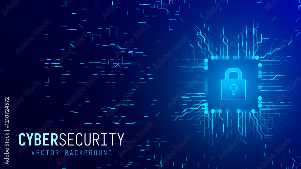 Poster Cyber Security Technology Background. Cyber Lock Icon. Digital Circuit Network Protection Backdrop. Vector Illustration.