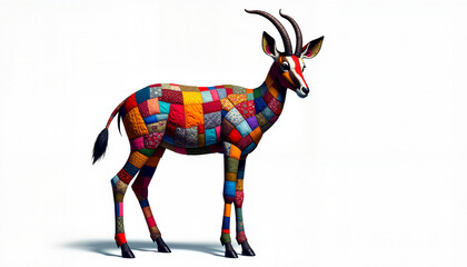 Obraz premium Vibrant okapi showcasing patchwork design on white background, art concept