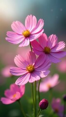 Obraz premium Pink cosmos flowers swaying gently in the breeze, petals, pink