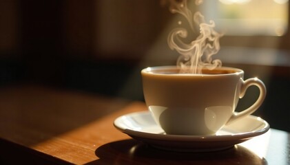 Obraz premium Soft light falls on a shiny coffee cup with rising steam and a subtle shadow effect, cup, beverage