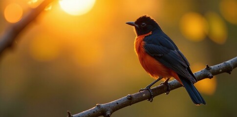 Fototapeta premium Black Redstart on a branch in the morning sunlight, sun, branches