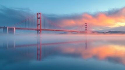 Obraz premium Golden Gate Bridge reflects beautifully in calm waters during a misty sunrise over San Francisco Bay