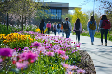 students walking along scenic pathways with blooming flowers on a modern campus