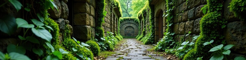 Ancient stone alleyway with moss covering the walls and vines crawling up, stone, moss