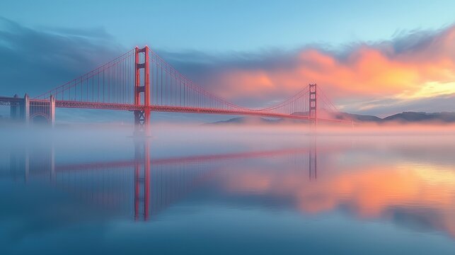 Golden Gate Bridge reflects beautifully in calm waters during a misty sunrise over San Francisco Bay
