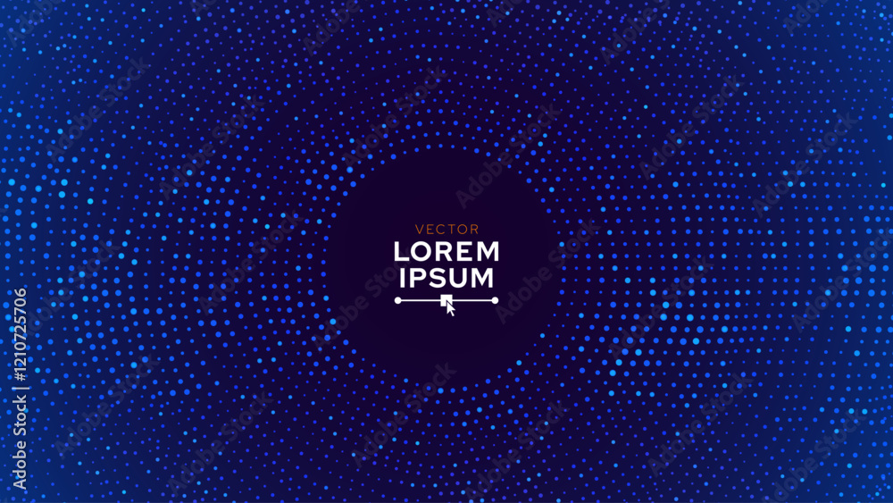 Poster Abstract Digital Circles of Particles with Noise. Futuristic Circular Sound Wave. Big Data Visualization. 3D Virtual Space VR Cyberspace. Crypto Currency Concept. Vector Illustration.