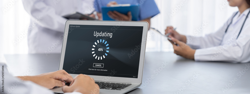 Poster software update on computer for brisk version of device software upgrade