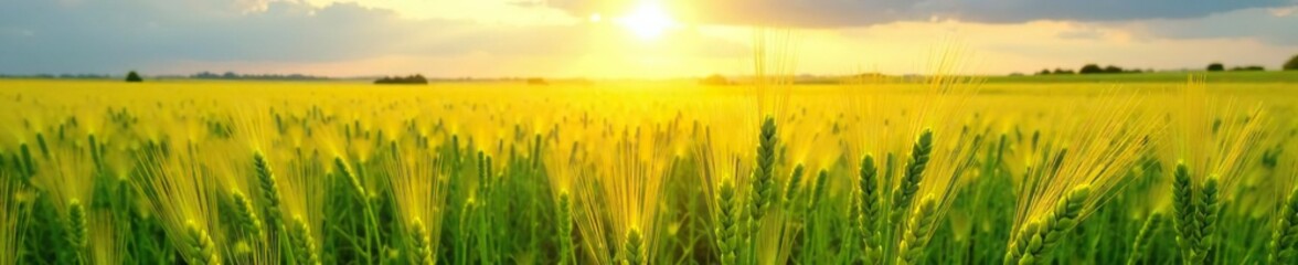 Fototapeta premium yellow and green triticale in the field with sun, landscape, triticale