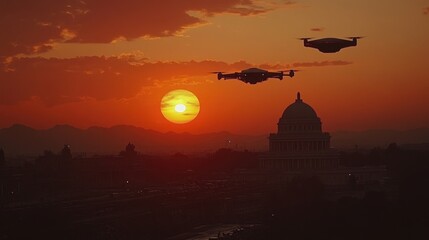 Obraz premium Aerial view of a city with a helicopter flying overhead as the sun sets in the background