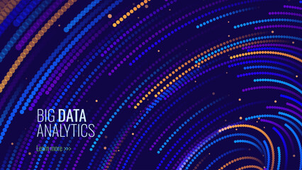 Big Data Visualization. Circular Particles With Trails Vortex. Futuristic Science or Finance Infographic Design. Complex Visual Data Background. Abstract Data Flowing. Vector Illustration.