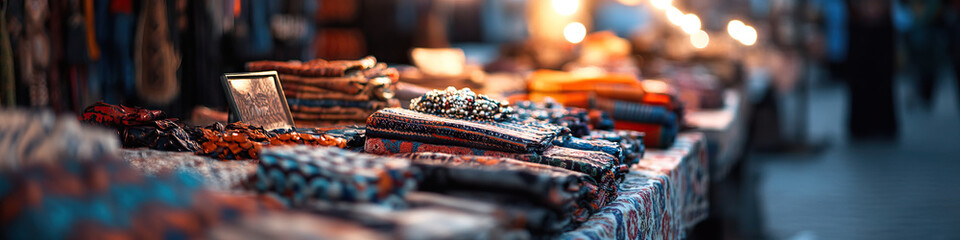Fototapeta premium Assortment of Patterned Textiles and Jewelry at an Outdoor Market Stall