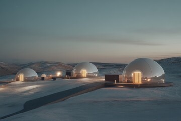 Obraz premium Elegant domes glow softly in a vast winter landscape, embraced by a serene twilight sky.