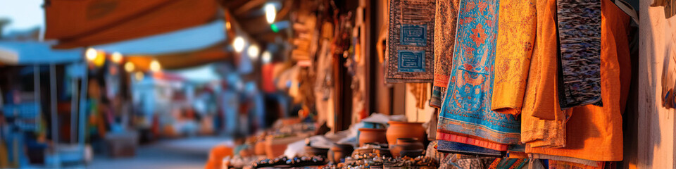 Naklejka premium Textiles and Pottery at an Outdoor Market