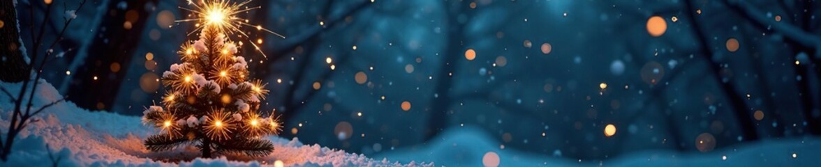 Sparkler-lit fir tree against dark background with snowflakes and icicles, frosty atmosphere, frosty glass