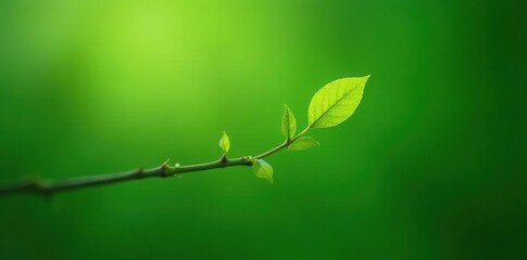 Obraz premium Thin green leaves stretching out from the tip of a thin branch, green leaves, green twigs, thin green