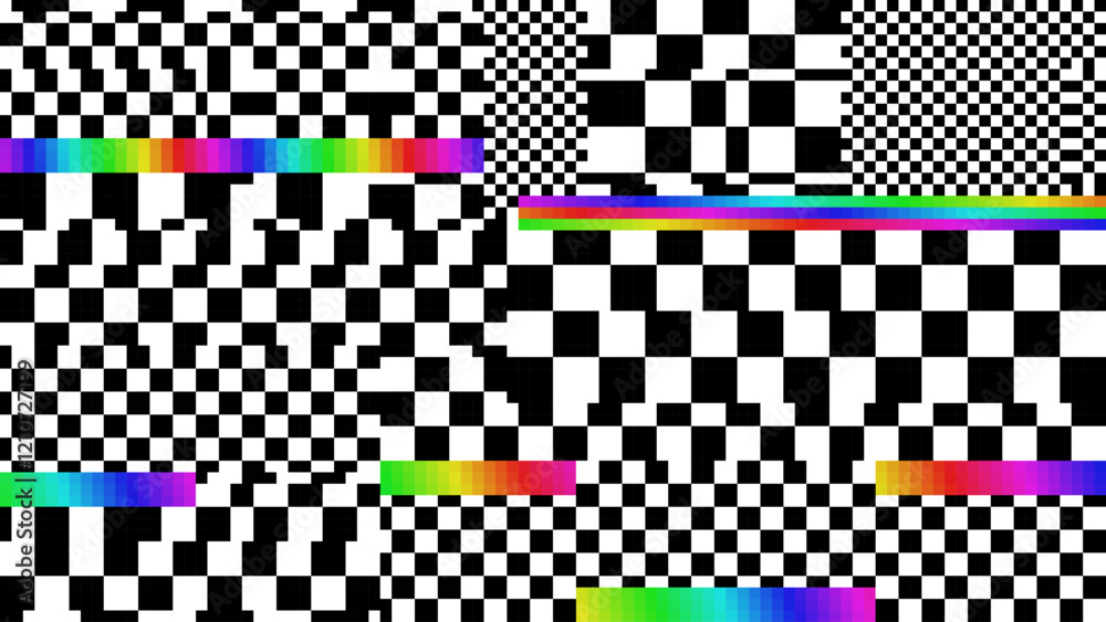 Poster Rainbow Pixels Glitch Effect Abstract Background. Glitched Stripes and Random Pixels Television Screen. Distorted Glitch Effect. NO SIGNAL TV Frame Vector.