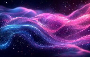 Abstract glowing pink and blue waves with sparkling particles.